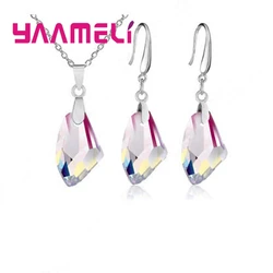NEW 925 Sterling Silver Jewelry Sets Geometric Austrian Crystal Pendant Necklace Hook Earwire Earrings Wedding Accessory