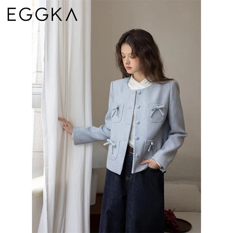 EGGKA Bow Pockets Designer Short Coats Women Autumn Winter New Elegant Jackets Korean Style Classy Coat Lady Commute Outerwear