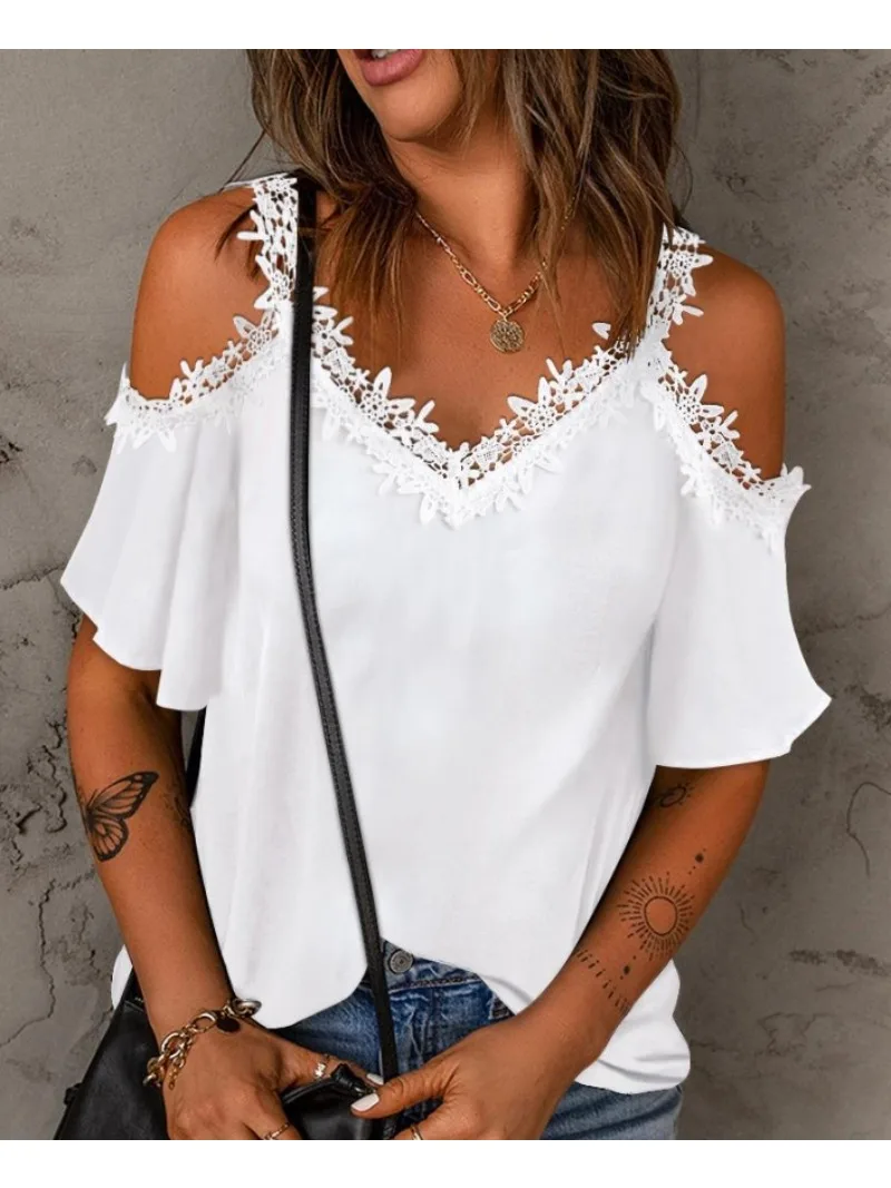 Women\'s Fashionable Solid Color V-neck Lace Short Sleeved Off Shoulder Casual Hollow Out T-shirt