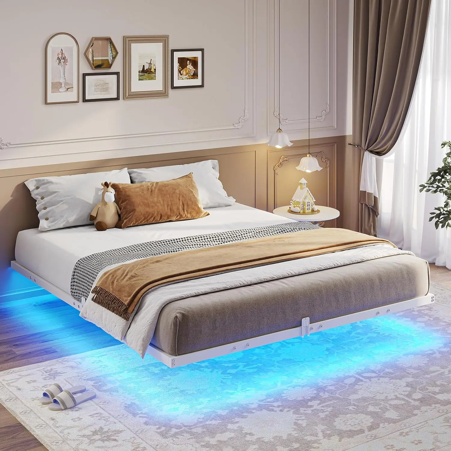 Estrutura de cama flutuante em tamanho real com luzes LED, cama completa com plataforma de metal, sem necessidade de molas, fácil de montar (completo)