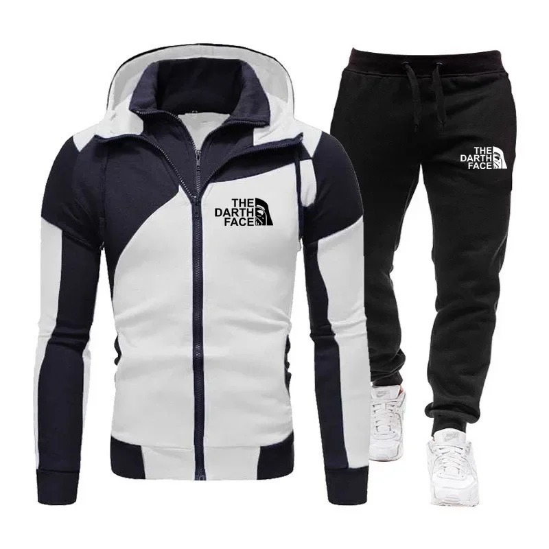 

2026 new men's fashionable double zipper hooded sweatshirt+black casual jogging pants, two sets of casual fitness sportswear