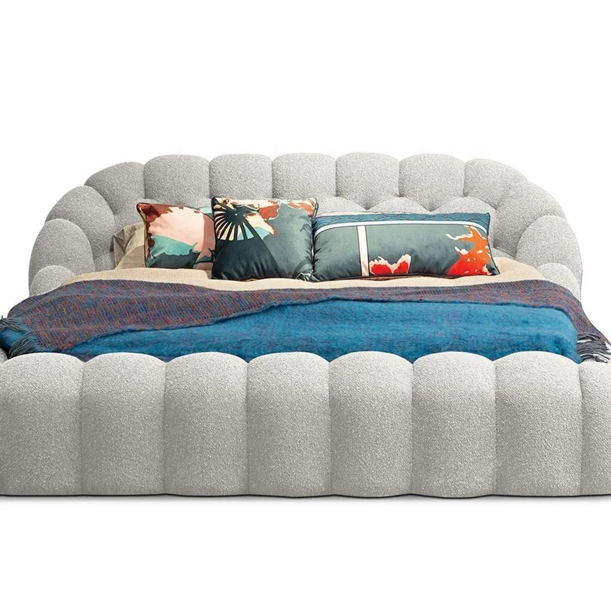 

Latest king Size Bed Dark Blue Fabric Velvet Modern 3D Bubble Upholstered Bed
