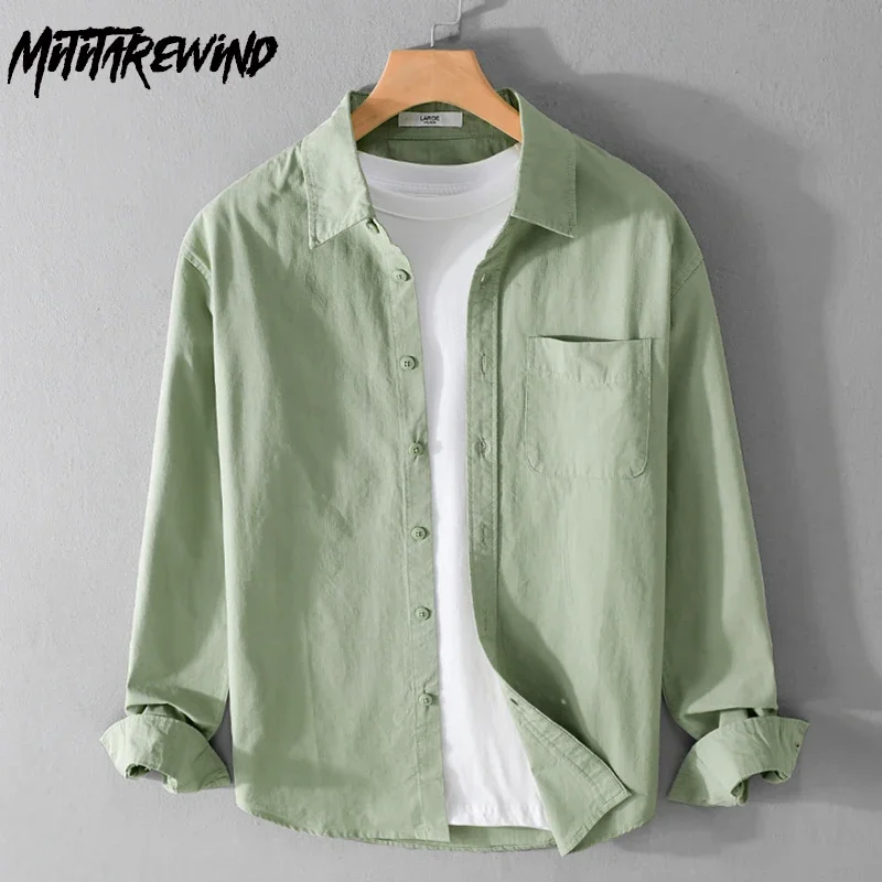 

Spring Summer Green Shirts for Man Daily Casual Shirts 100% Cotton Top Lapel Pocket Long Sleeve Basic Shirt Men Simple Clothing