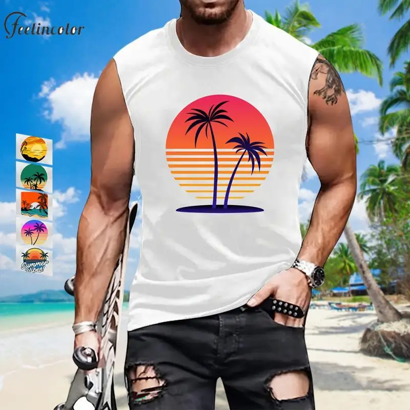 

Coconut Trees Printing Tank Tops for Men Beach Sunset Graphic Vest White Sleeveless T-Shirts Street Fashion Male Clothes