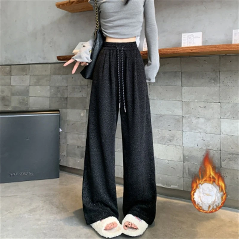 Chenille's nieuwe herfst winter gestreepte heldere zijde wijde pijpen broek vloeiende rechte pijpen losse relaxte stijl verdikt voor vrouwen