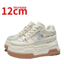 Genuine Leather Lace Mesh Embroidery Design Thick Sole White Shoes for Women 12cm Height Increase Breathable Casual Sports Shoes