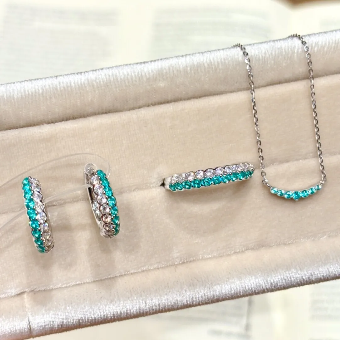 New Mint Paraiba Earrings Necklace Ring Smiling Geometric Light Luxurious and High-end Feeling view 3