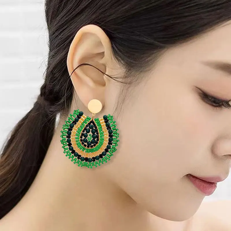 ZGMXR Green Crystal Water Drop Earrings Gradient Color Hand Knitting Alloy Bohemia Fashion Beaded Earrings Hollow out Rice Bead