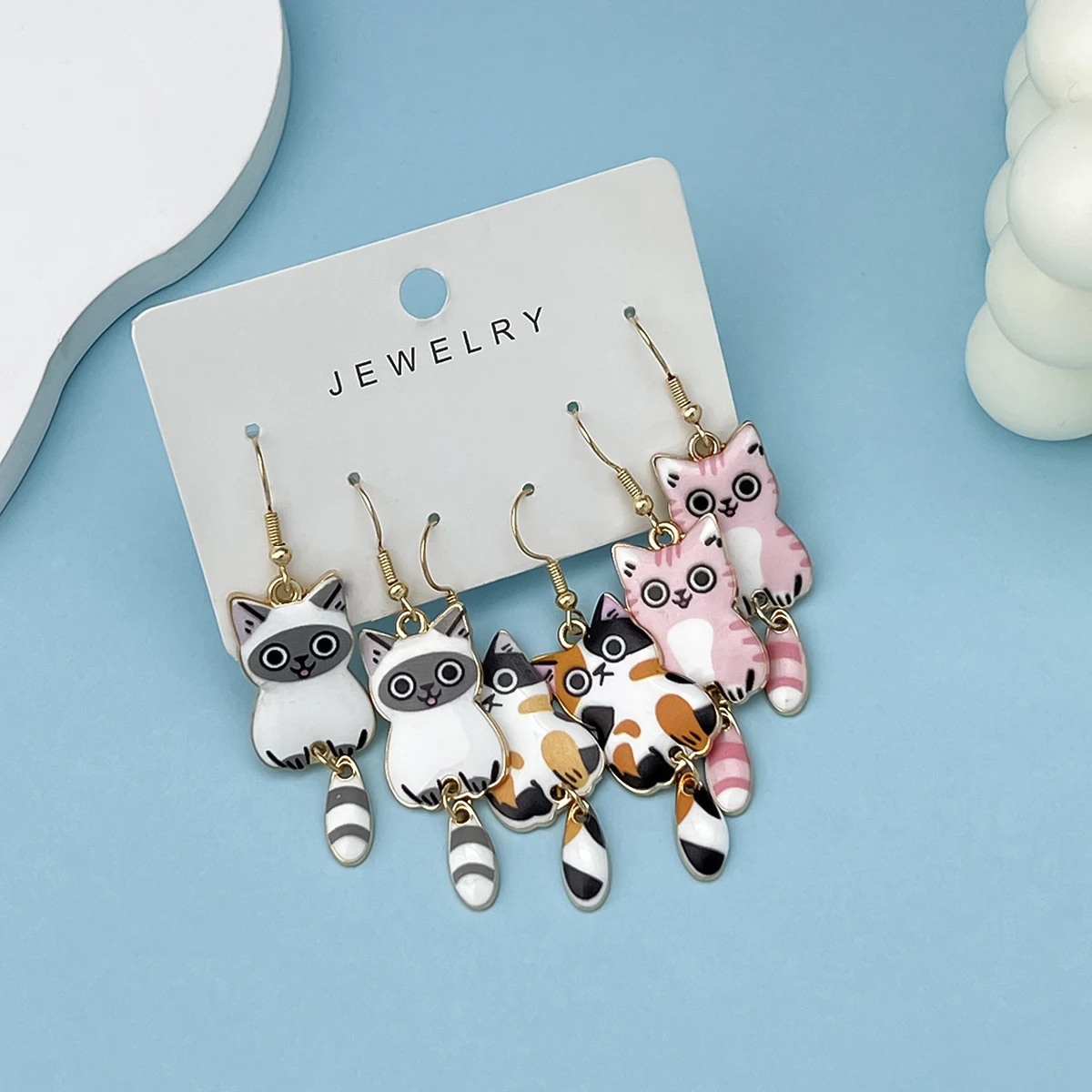 3 Pairs Cute Enamel Alloy Cat Dangle Earrings Set