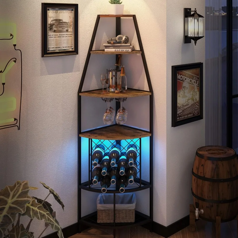 Estante esquinero para vino de 5 niveles con luz LED, estante para vino de pie con soporte para vidrio y botellas, almacenamiento de vino, muebles de Bar para el hogar