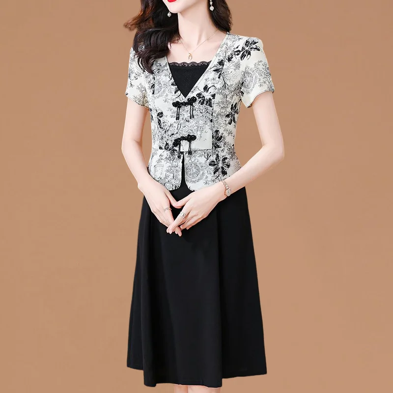 Elegancka koronkowa sukienka z nadrukiem z guzikami dwuczęściowa sukienka na studniówkę odzież damska 2025 letnie nowe luźne sukienki biurowe Lady Vintage