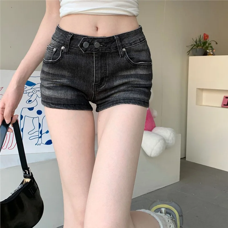 Pantalones cortos vaqueros lavados de cintura baja para mujer, pantalones cortos ajustados con doble hebilla, sexys, rectos, de tiro alto, estilo informal de celebridad