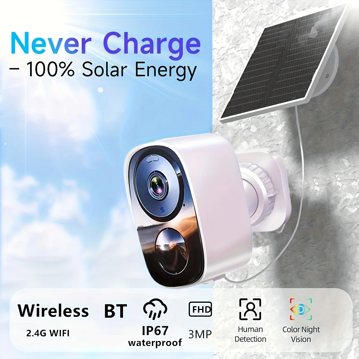 كاميرا مراقبة خارجية لاسلكية 3 ميجابكسل مع بطارية ولوحة شمسية، تدعم بطاقة SD/سحابة مجانية