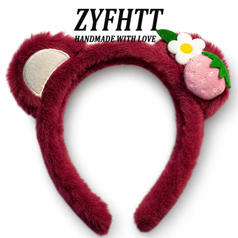 1/4 Stück ZYFHTT Erdbeer-Bär Plüsch-Stirnband für Frauen Süßes Alltags-Haarband Modisches Mädchen-Gesichtswasch-Haarband – Detail 8