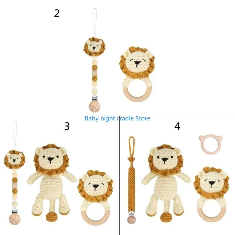 

J2FF Woolen Yarn Baby Pacifier Chain Crochet-Lion Animal Teething Rings for Newborn