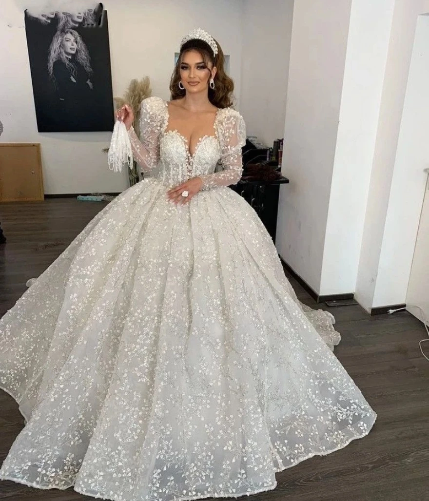 

Lorencia Sparkly Long Sleeve Wedding Dress Florals Lace Appliques For Women Bridal Gowns Robe De Mariage Vestidos De Novia YAW37