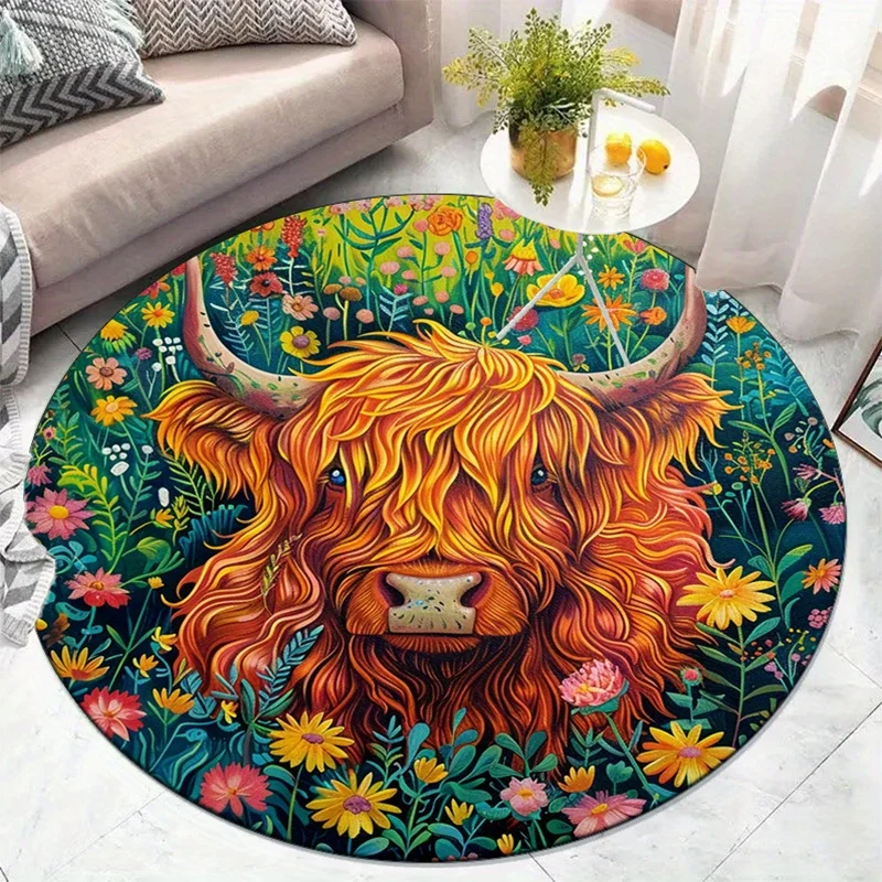 Colorful Highland cow floral meadow round rug crystal velvet nature art home decor vibrant animal print living room carpet
