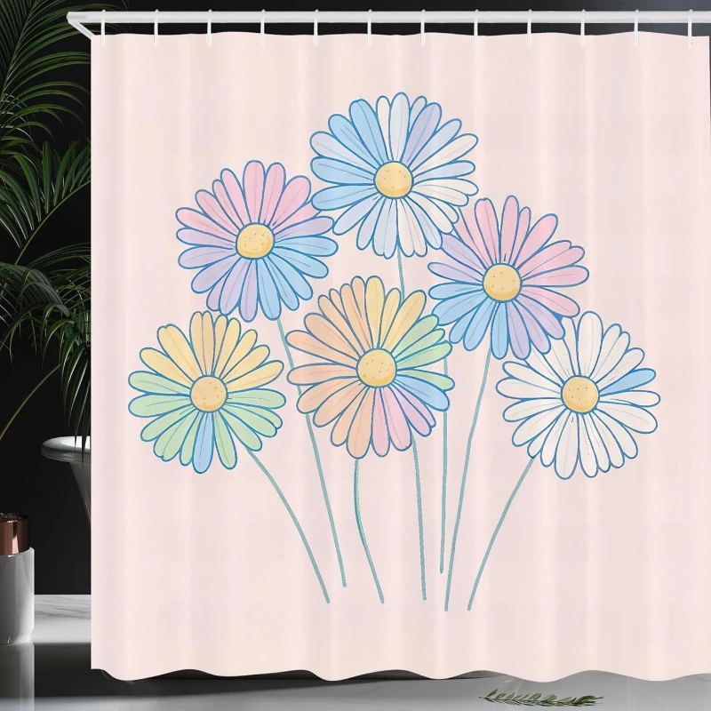

Colorful Shower Curtain, Minimalist Daisy Illustration with Spring Tone Petals Chill Dreams Cloth Fabric Bathroom Decor Set with