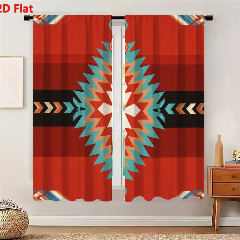 2Pcs Curtains 2D Flat Geometric Pattern Symmetrical Red Background Star Triangles Blue Beige Black Stripes Arrow Shapes Diamond