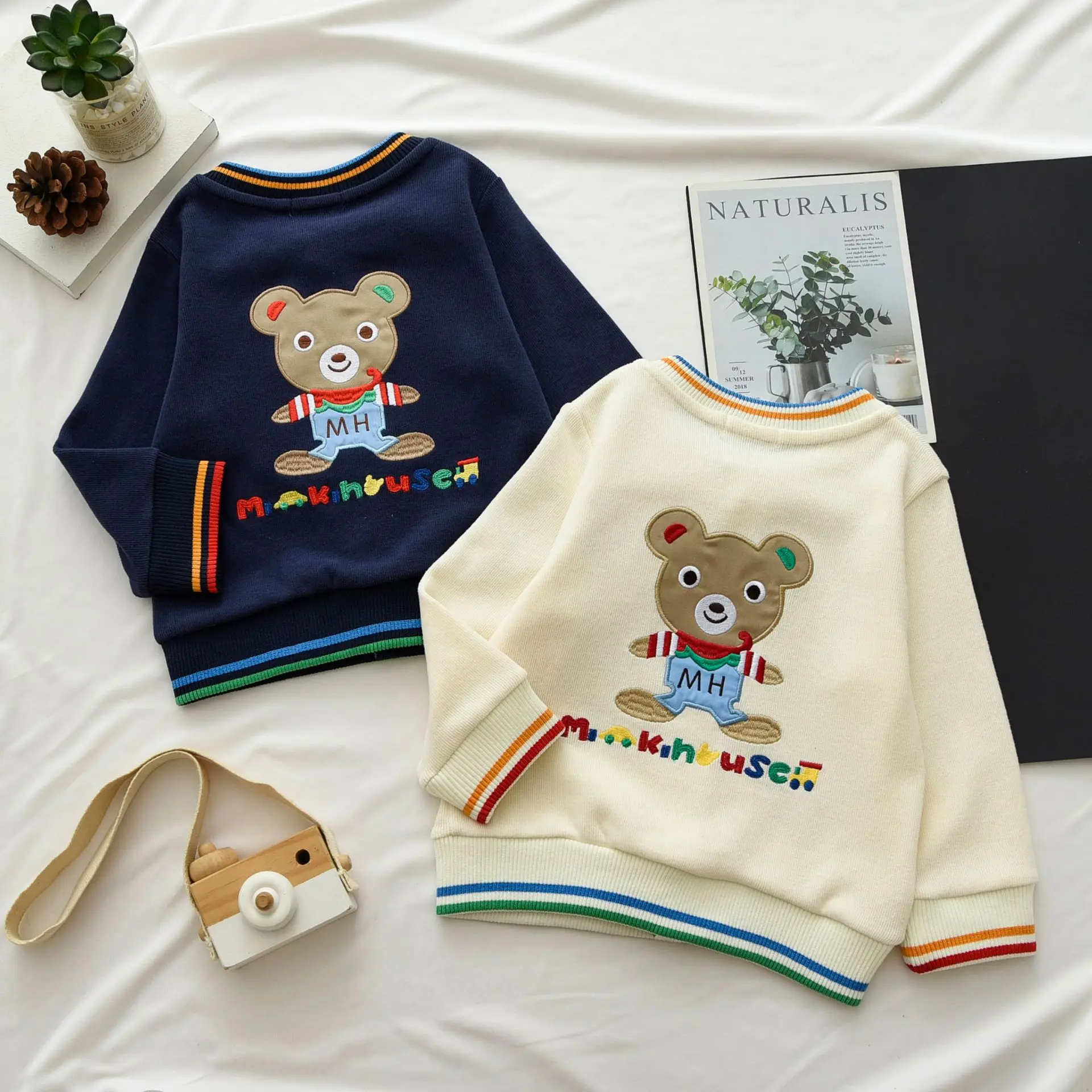 24 Autumn New Japanese Boys and Girls Cute Little Bear Color blocked Sleeve Knitted Cardigan Cartoon Casual Coat Trendy 2510