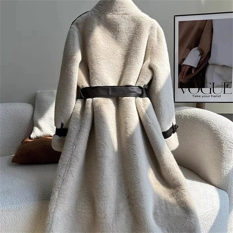 แฟชั่นฤดูหนาว High-end อารมณ์ยาวเสื้อขนสัตว์สําหรับผู้หญิงใหม่คู่หลวมเข็มขัด Thicken WARM FUR JACKET Outwear
