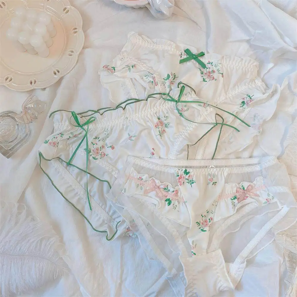 Elegant Retro French Briefs Gentle Lady Printed Green Ribbon Bow Underpants Sweet Floral Lace Breathable Exquisite Women Panties