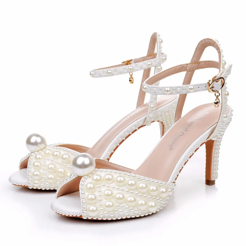 

New Outdoor Female High Heels Summer Peep Toe Hollow Buckle Strap Thin Heels Sandals Bohemian Classics White Pearl Wedding Shoes