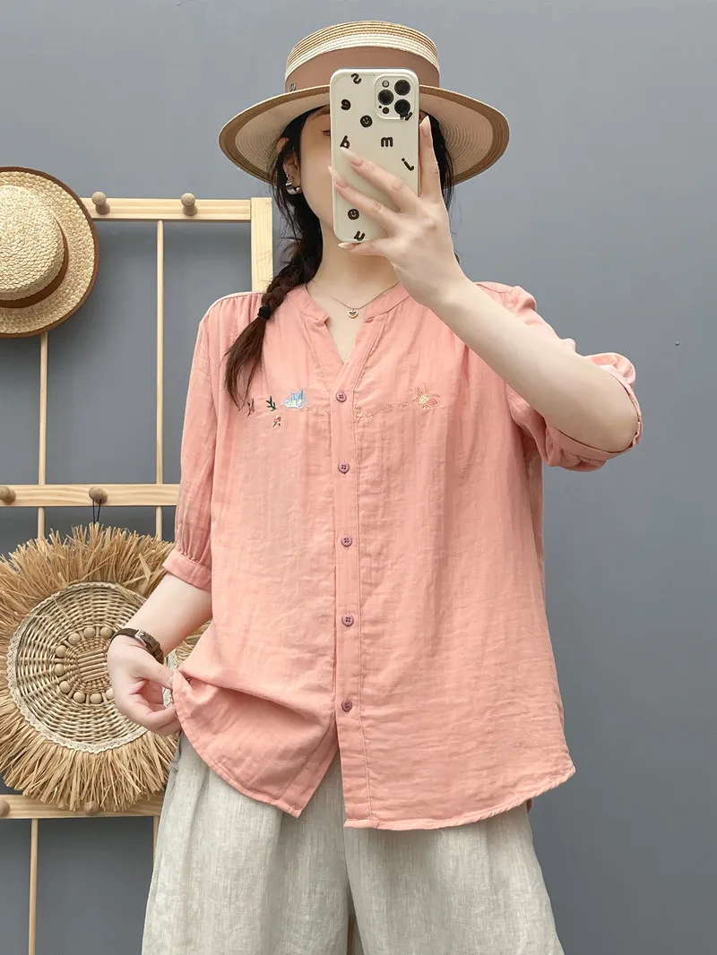 New 2025 Autumn Cotton Yarn Half Sleeve Shirt, Women V Neck Embroidery, Mori Girl Versatile Comfortable Loose Blouse T56290CC
