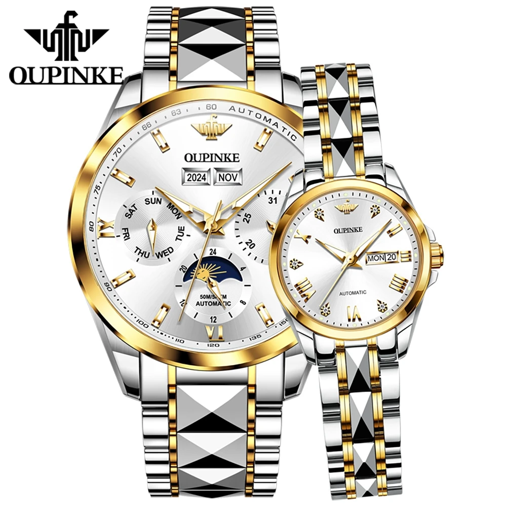 OUPINKE Couple Watches 2Pcs Luxury Fashion Original Automatic Mechanical Watch for Man Tungsten Steel Sapphire Mirror Waterproof
