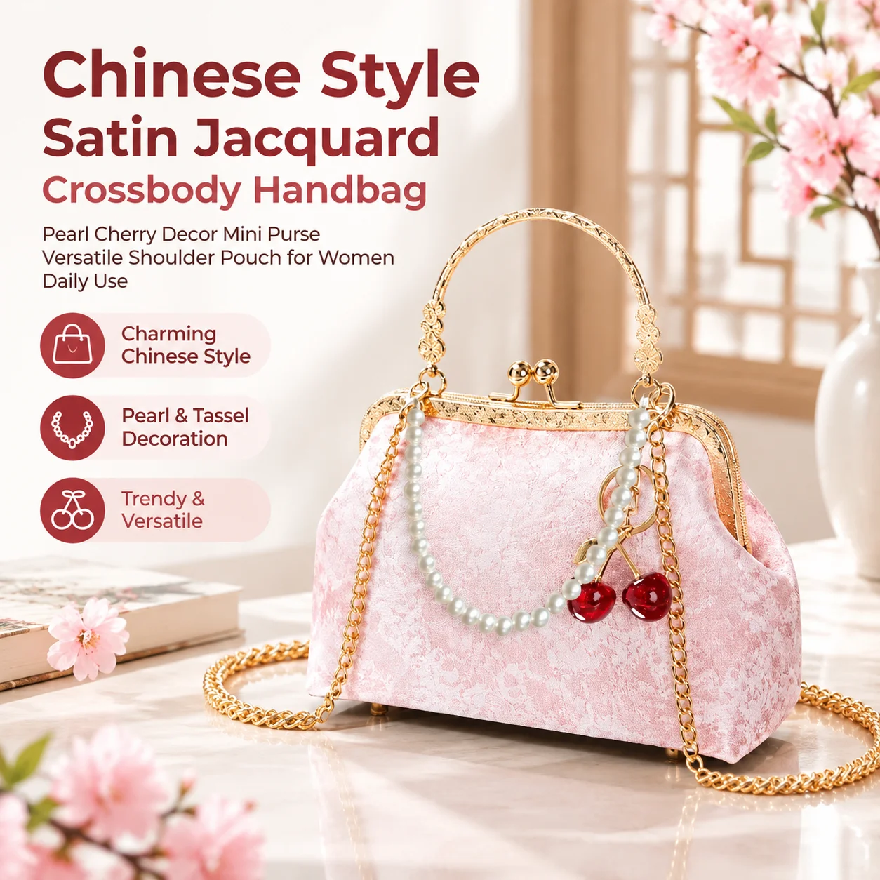 Chinese Style Satin Jacquard Crossbody Handbag Pearl Cherry Decor Mini Purse Versatile Shoulder Pouch for Women Daily Use
