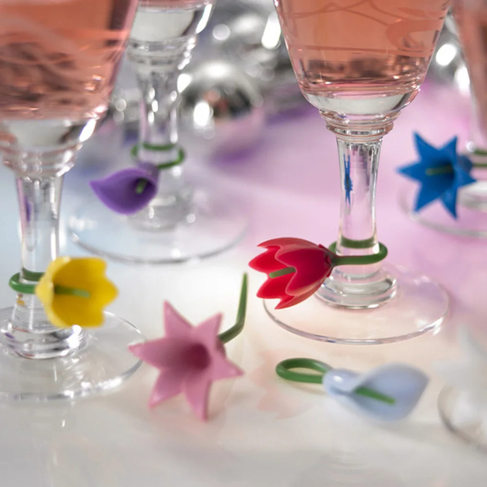 

6 шт., идентификаторы для винных чашек с цветочным рисунком, силиконовые маркеры для декора вечеринки, многоразовые распознаватели для стекол, маркер для винных чашек, силиконовая этикетка