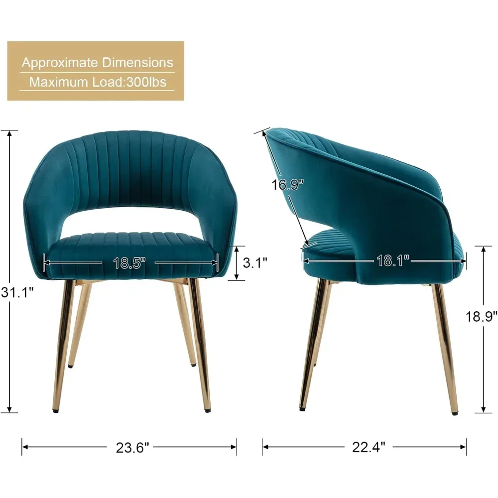 Dining Chairs with Gold Legs, Modern Upholstered Dining Room Chairs Set of 2 with Hollow Back Side Accent Chairs Arm Chair,Teal