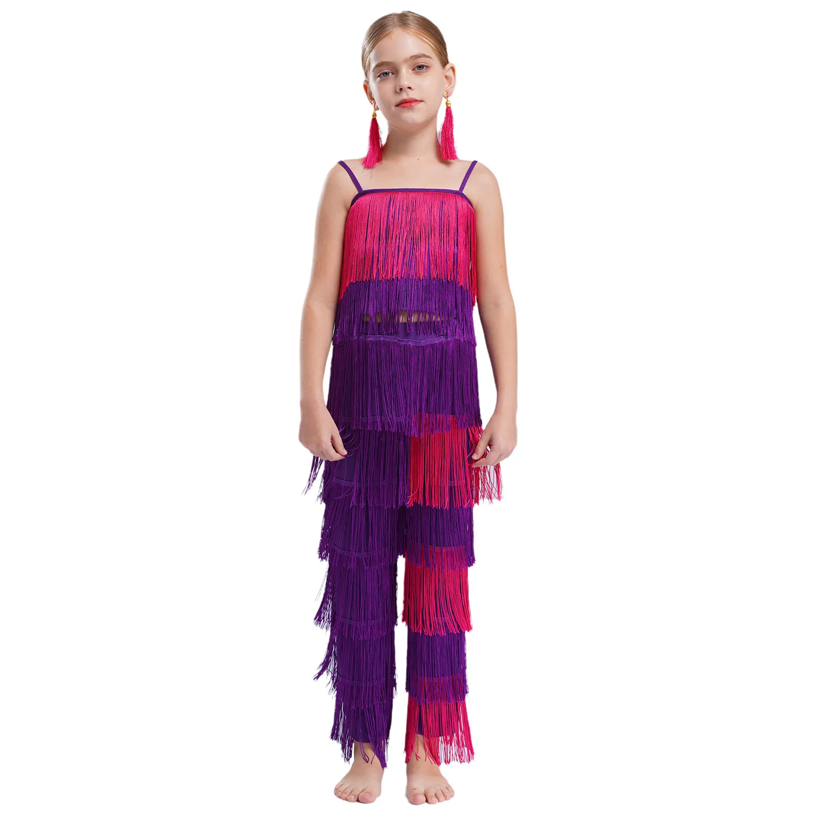 

Kids Girls Latin Dance Outfits Performance Costumes Tiered Tassels Camisole with Pants And Ear Clips for Festival Birthday Party
