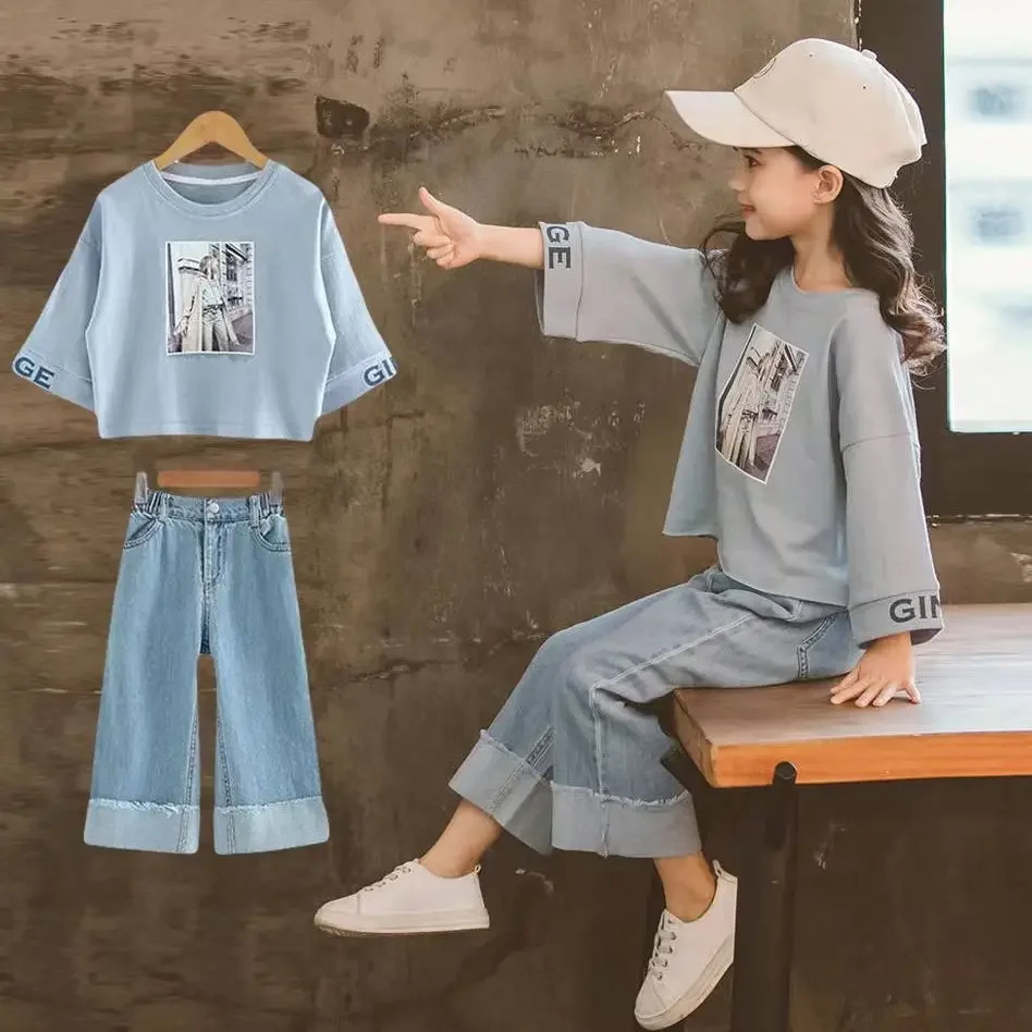 Set di vestiti per ragazze autunnali primaverili per adolescenti 2024 felpa a maniche lunghe per bambini + Jeans 2 pezzi abbigliamento per bambini