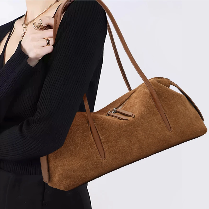 Aidani Suede Cowhide Boston Bag for Women 2026 New Large-Capacity Handbag Baguette Bag Shoulder Underarm Bag