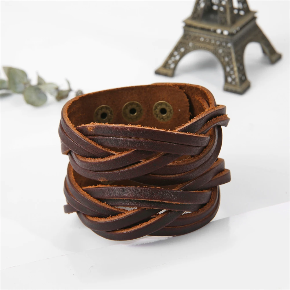2025 Trend Jewelry Handmade Weave Genuine Leather Bracelet Men Vintage Cuff Wide Leather Bracelet Pulsera Hombre