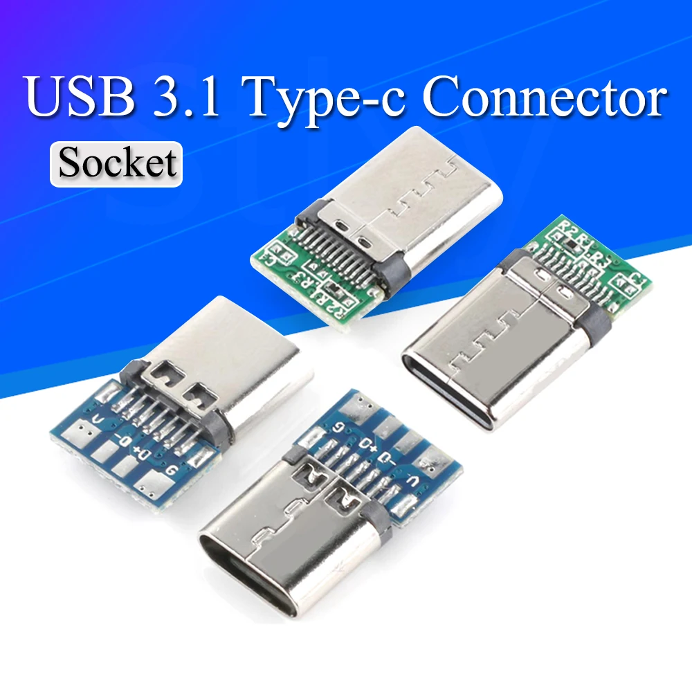 10 шт. разъем USB 3.1 Type-C, 24-контактный разъем «папа/гнездо», адаптер для пайки проводов и кабеля, 24-контактная поддержка печатной платы