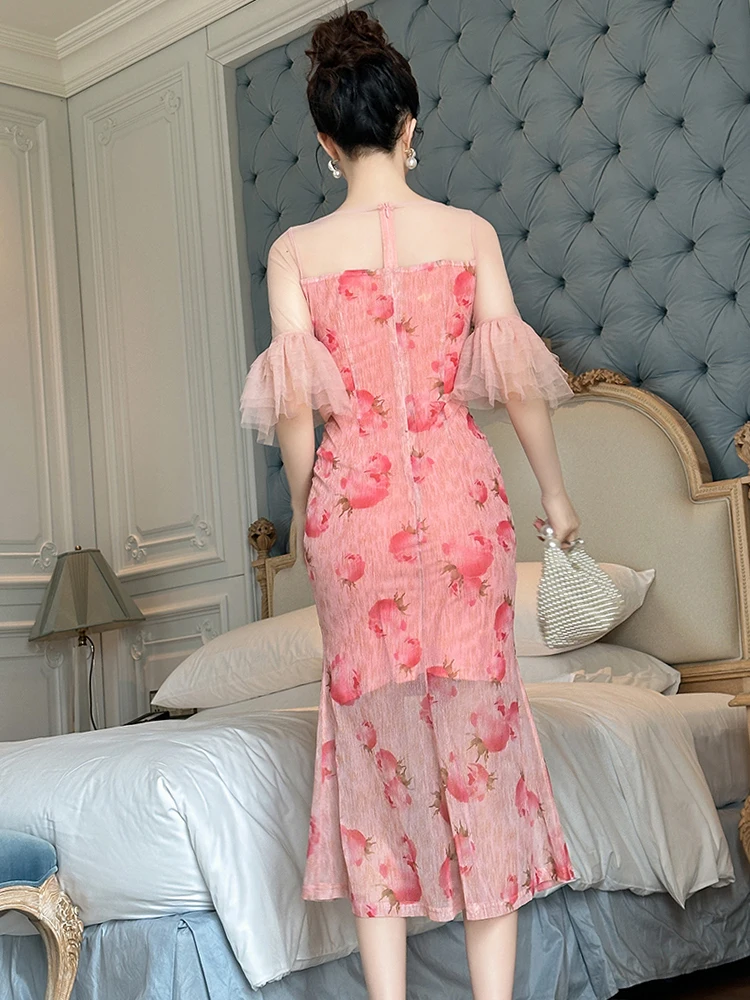 Robe longue en queue de poisson à volants en maille transparente pour femmes, vêtements de vacances élégants, vêtements doux et sexy, fête de Rh, éducatif, Fi.C.