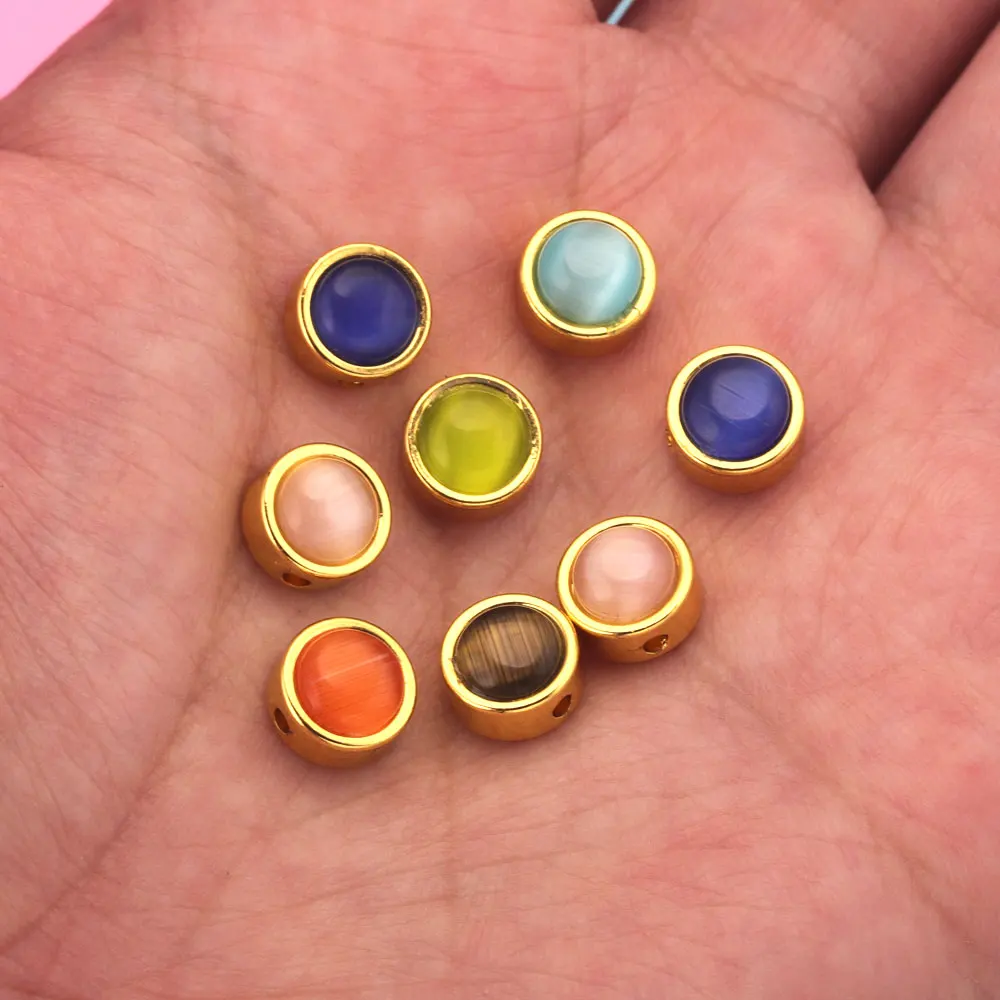 5pcs Natural Stone Round Beads Stainless Steel Spacer Beads Cahrm For Jewelry Making Supplies DIY Charm Bracelets Necklace