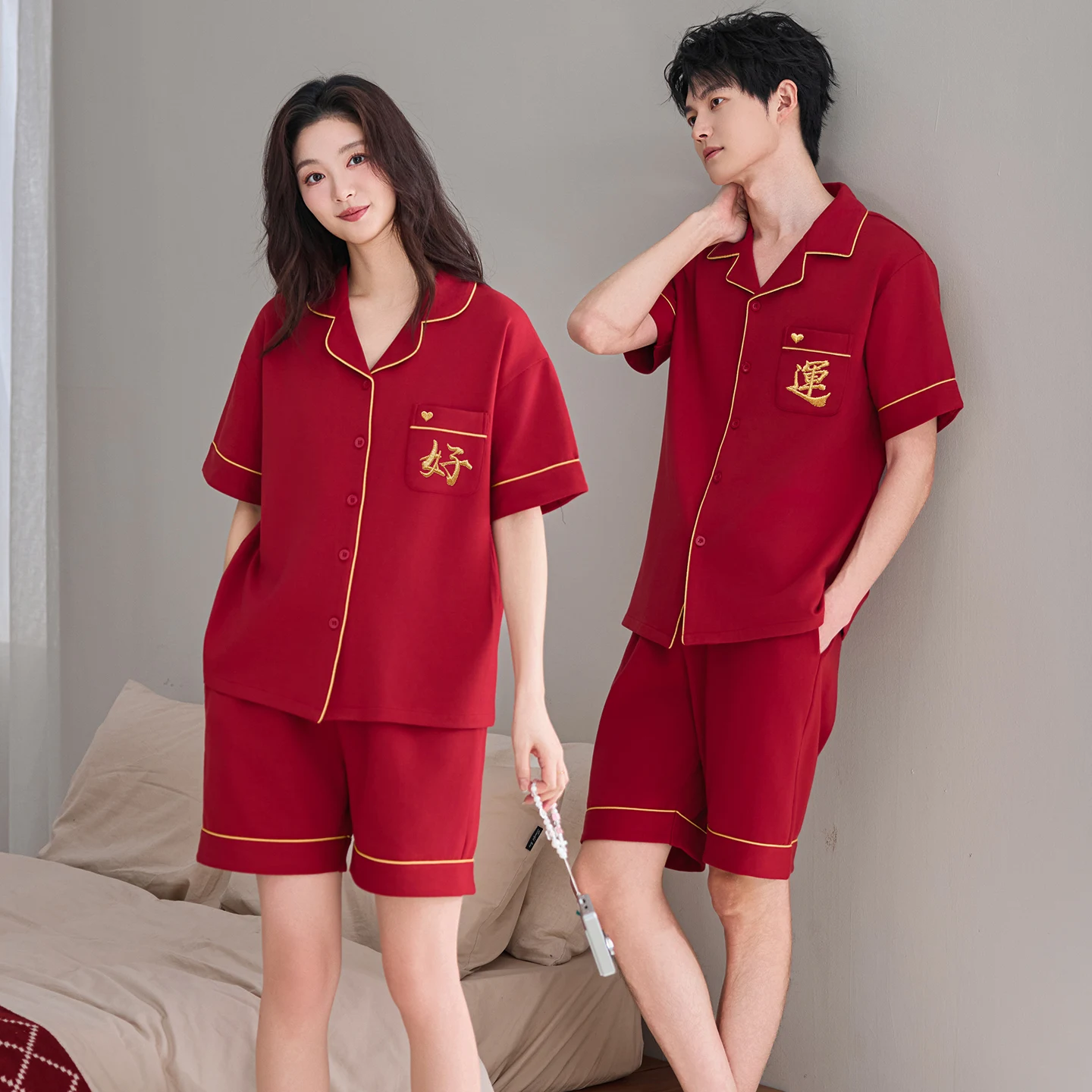 

Couple Nightwear Suit Summer Sweet Cute Short Sleeve Pajamas Festival Red Cardigan Homewear Men Full Pure Cotton Pijamas Mujer