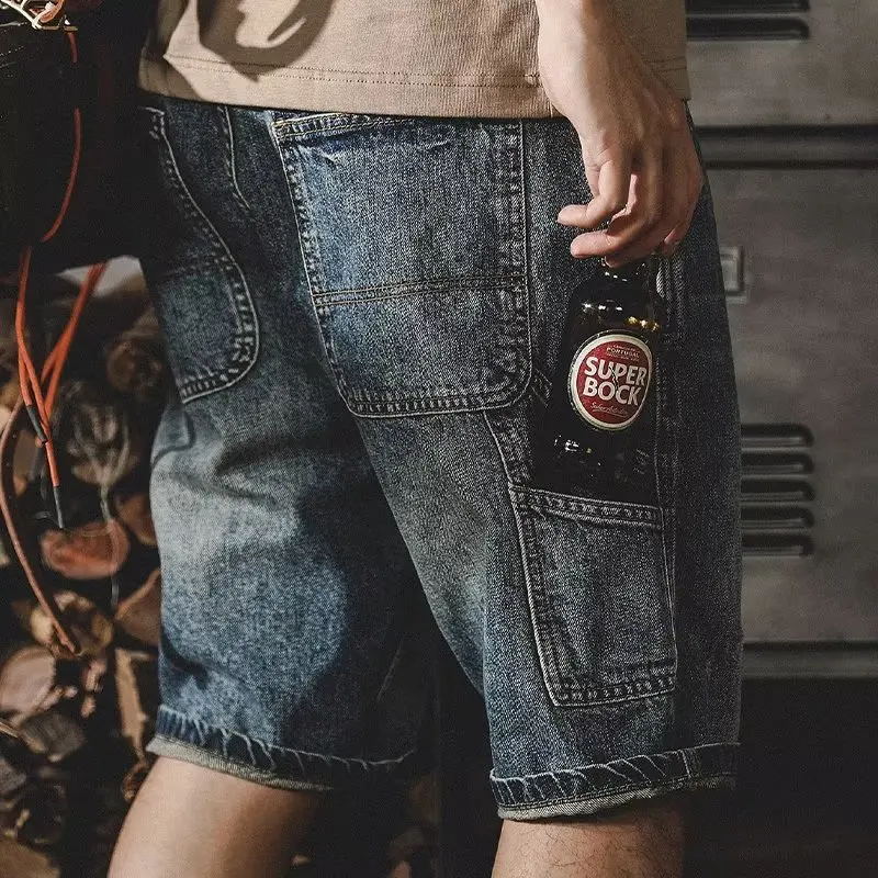 

American Retro Heavyweight Men's Denim orts Summer Loose Straight Workwear Five-Quarter Pants Youth Casual Wear Multi-ket