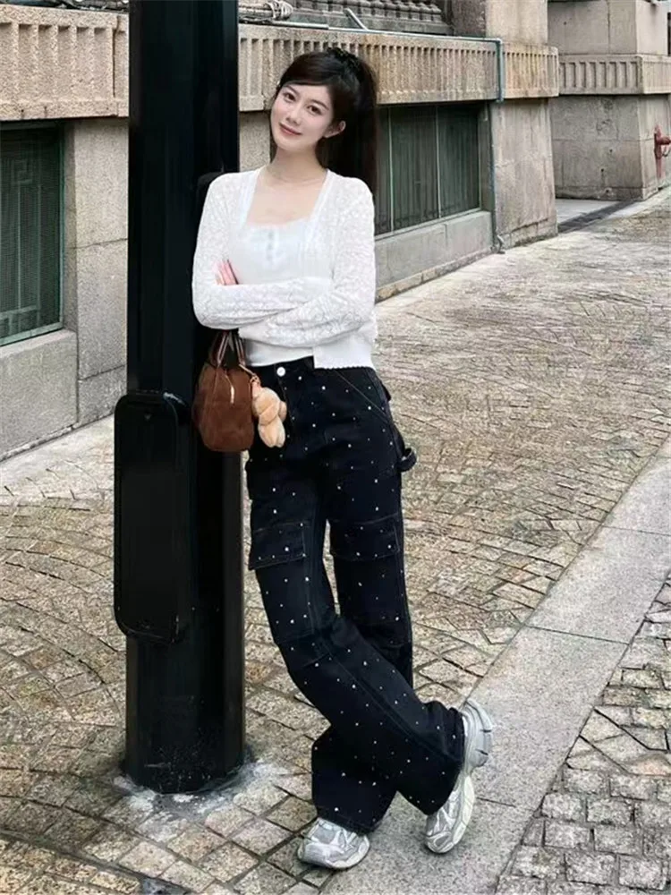 

Джинсы женские черные прямого кроя, удлиненные, весенне-осенние, свободные, зауженные, с множеством карманов, в пол, для высоких женщин