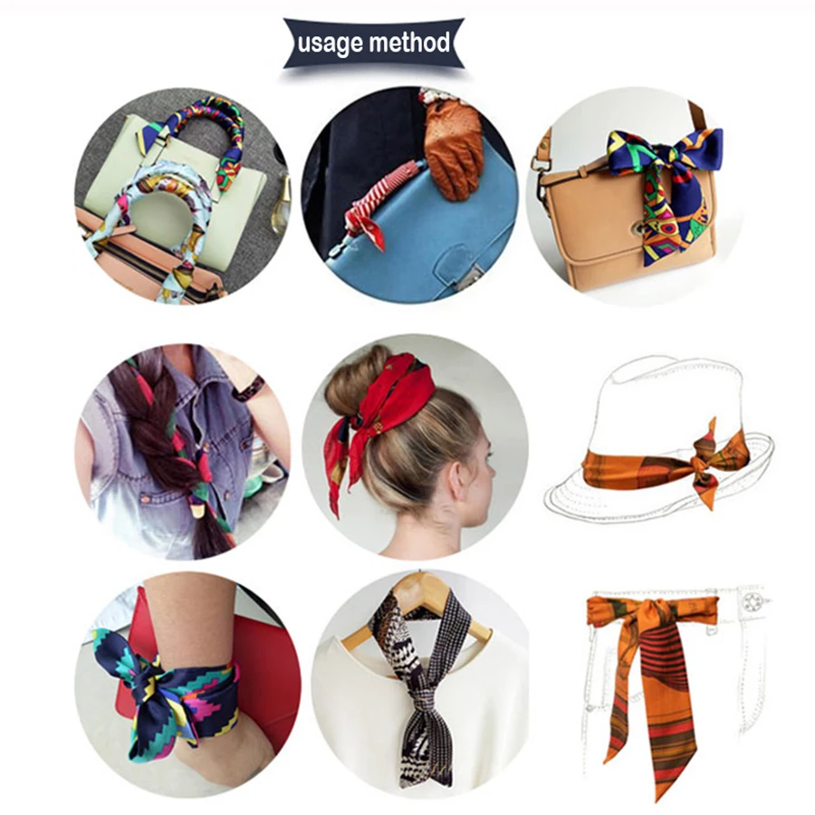 Bufanda de seda ajustada para mujer de 4cm x 90cm, cinta de seda con tira para el pelo largo, pañuelos para el cuello pequeños, cinta con asa para bolso, pañuelo, corbata para mujer