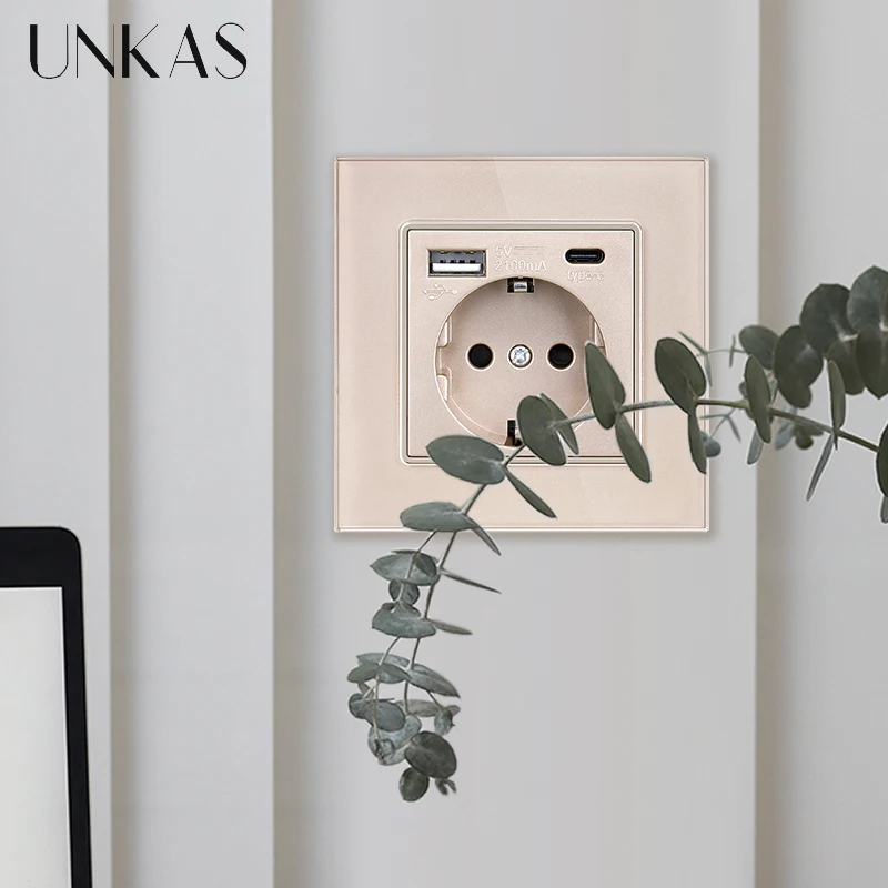 UNKAS Type-C USB Tempered Glass Panel Grey EU / Spain / Russia Wall Power Socket Grounded With Fast Charger Outlet Save Child