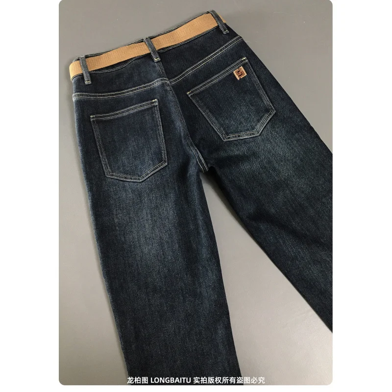 

Warm denim jeans for men in winter 2025, slim fit, small feet, blue, minimalist, high-end brushed fleece pants
