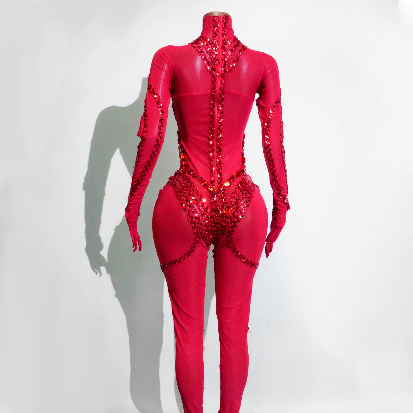 جديد أحمر مثير البريق كامل شبكة كريستال بذلة امرأة فاخرة الترتر جوجو نادي الرقص Dj حفلة عيد ميلاد يوتار سحب الملكة وتتسابق