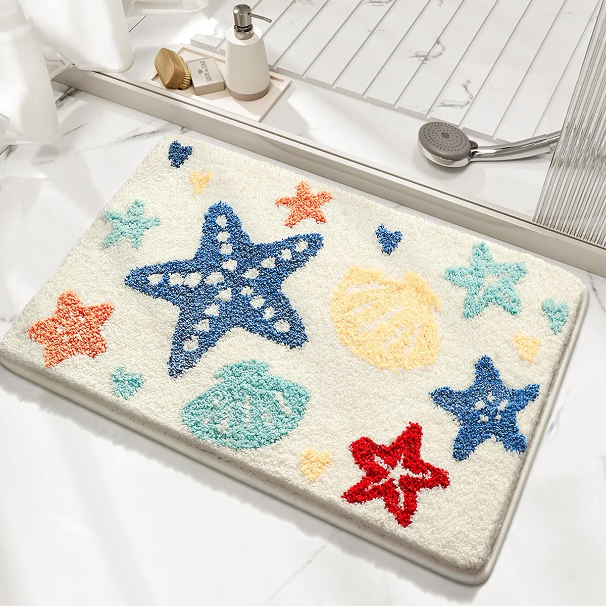

VIKAMA Faux Cashmere Bathroom Mat Entrance Anti Slip Water Absorbent Cartoon Starfish Shell Carpet Home Decoration