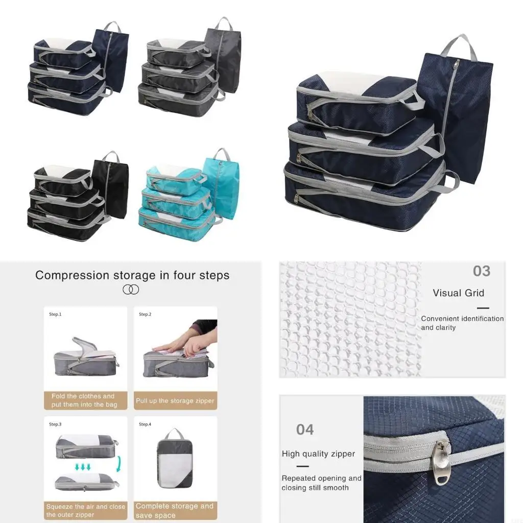 

4 Set Travel Packing Cubes Compression Packing Cubes for Suitcase Luggage Cubes