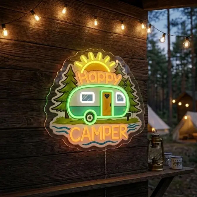 Happy Camper LED Neon Sign USB Powered Neon Light for RV Camper Van Camping Tent Home Christmas Holiday Wall Art Decor Gift
