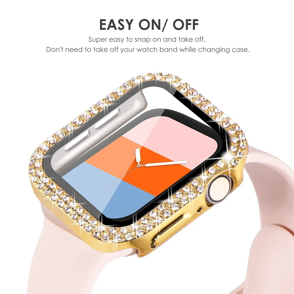 Diamond Cover For Apple watch Case 45mm 41mm 38mm 42mm 44mm 40mm Tempered Glass+Bumper Screen Protector series 9 8 7 6 5 4 3 SE